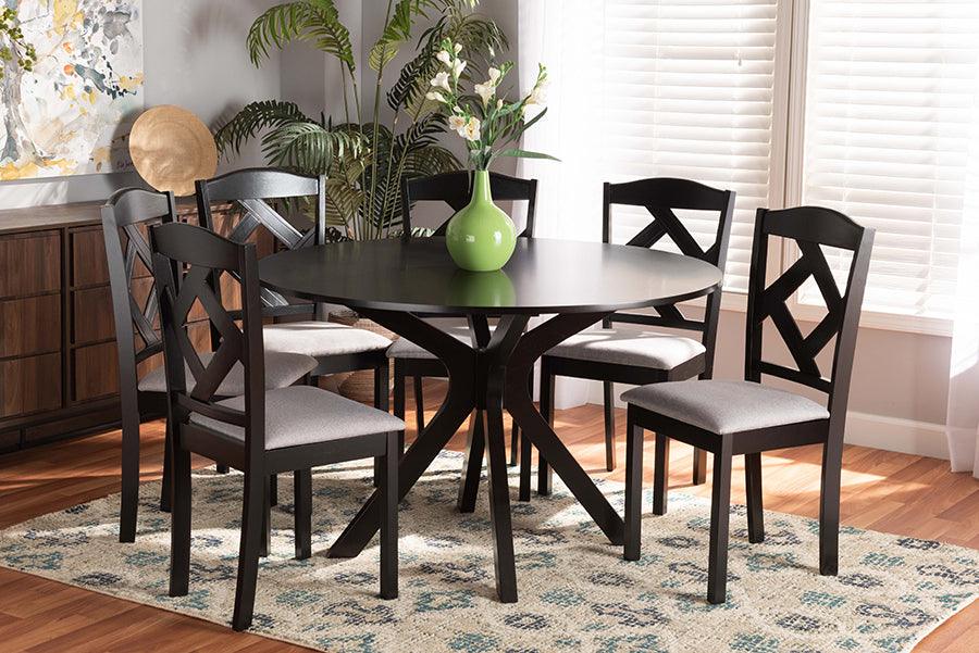 Wholesale Interiors Dining Sets - Carlin Modern Grey Fabric Upholstered and Dark Brown Finished Wood 7-Piece Dining Set