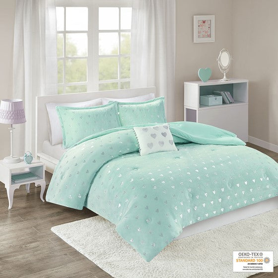 Olliix.com Comforters & Blankets - Metallic Printed Plush Comforter Set Aqua/Silver Twin XL