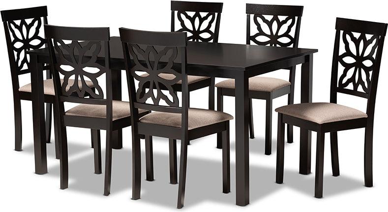 Wholesale Interiors Dining Sets - Dallas Sand Fabric Upholstered and Dark Brown Finished Wood 7-Piece Dining Set