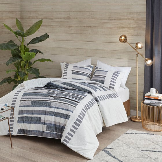 Olliix.com Comforters & Blankets - 3 Piece Cotton Printed Comforter Set w/ trims Navy Cal King