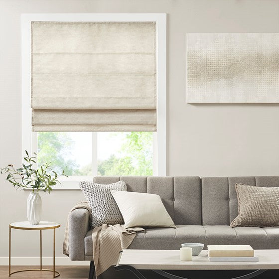 Olliix.com Curtains - Printed Faux Silk Room Darkening Cordless Roman Shade Ivory
