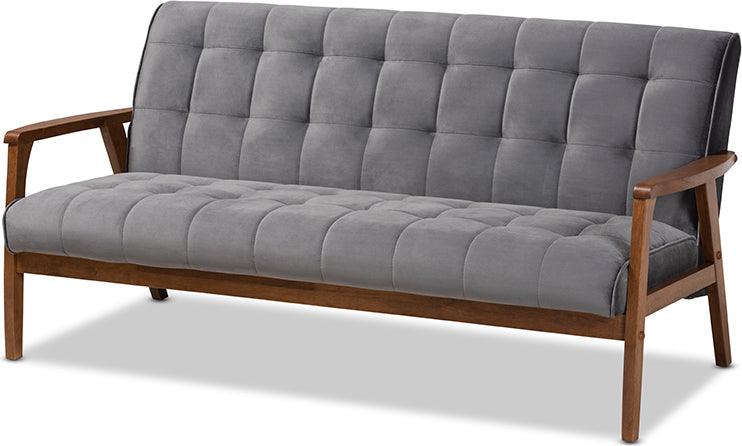 Wholesale Interiors Sofas & Couches - Asta Mid-Century Modern Grey Velvet Fabric Upholstered Walnut Finished Wood Sofa