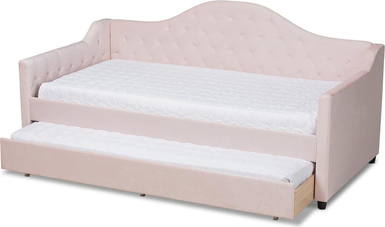Wholesale Interiors Daybeds - Perry Light Pink Velvet Fabric Upholstered And Button Tufted Twin Size Daybed With Trundle