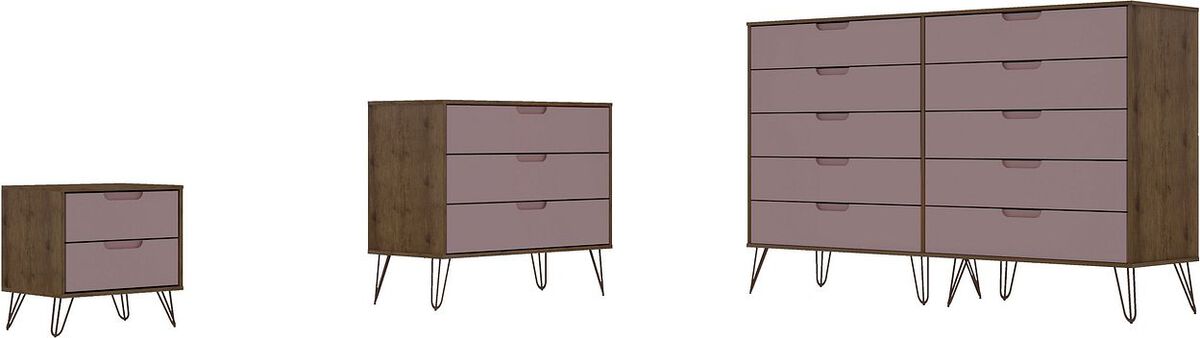 Manhattan Comfort Bedroom Sets - Rockefeller 3 Piece Bedroom Set Dressers Nature & Rose Pink