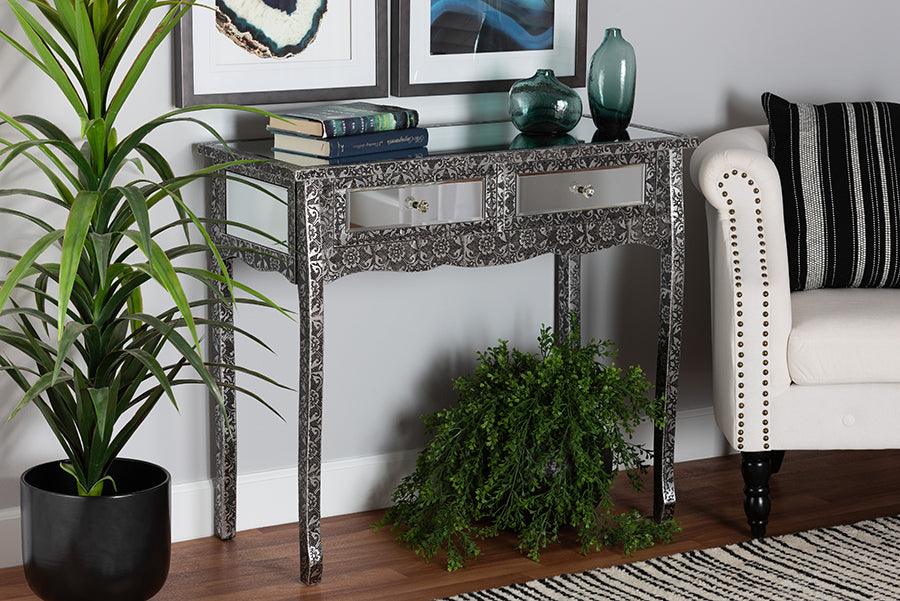 Mirrored glass console table on sale with drawers