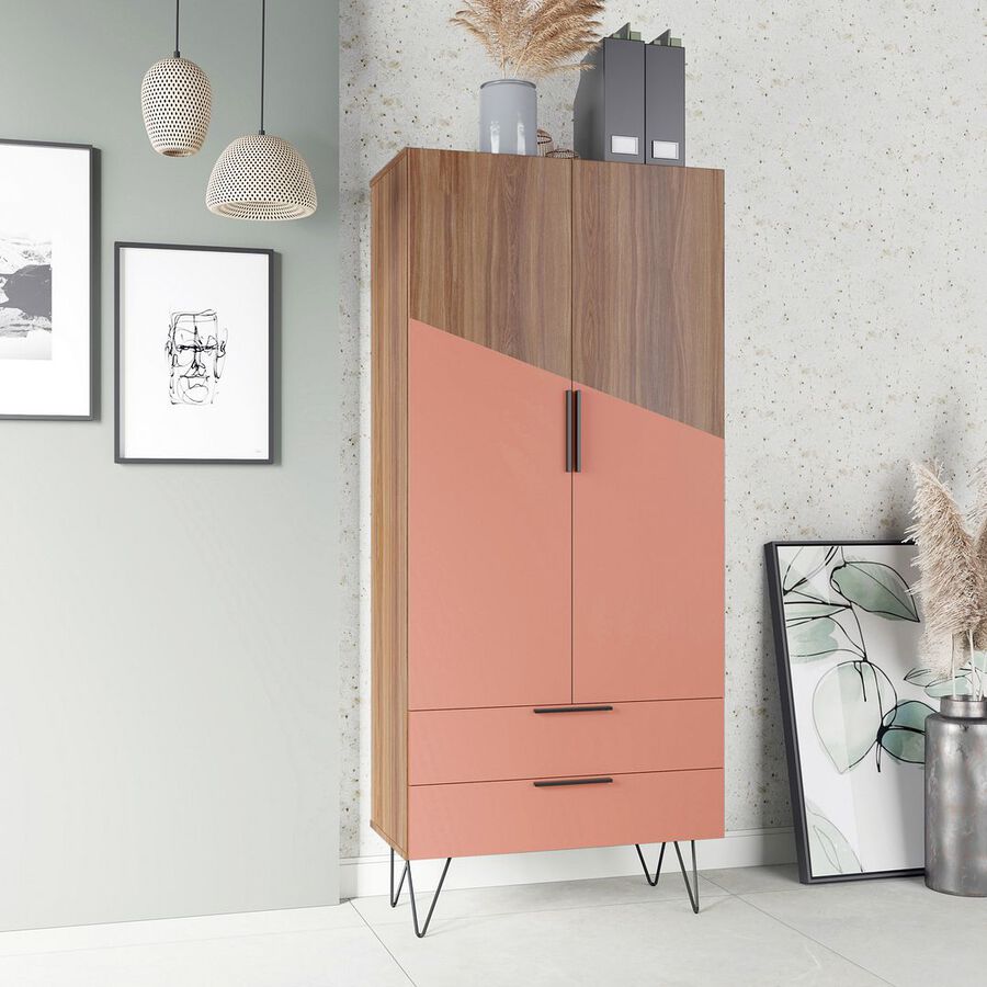 Manhattan Comfort Cabinets & Wardrobes - Beekman 67.32 Tall Cabinet in Brown and Pink