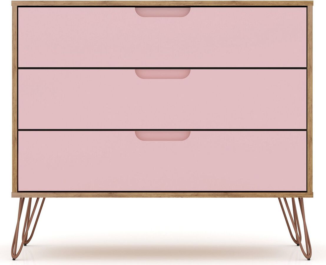 Manhattan Comfort Bedroom Sets - Rockefeller 3 Piece 44.5" Bedroom Set Dressers Nature & Rose Pink
