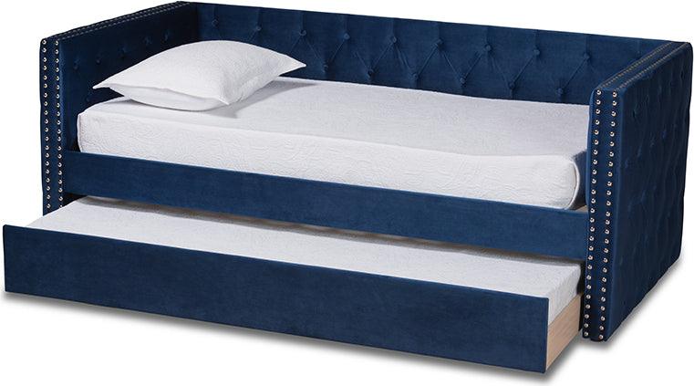 Wholesale Interiors Daybeds - Larkin Navy Blue Velvet Fabric Upholstered Twin Size Daybed with Trundle