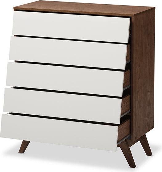Wholesale Interiors Chest of Drawers - Hildon Mid-Century Modern White and Walnut Wood 5-Drawer Storage Chest