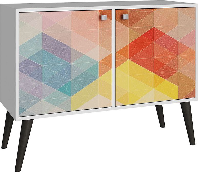 Manhattan Comfort Side & End Tables - Funky Avesta Side Table 2.0 with 3 Shelves in a White Frame with a Colorful Stamp Door
