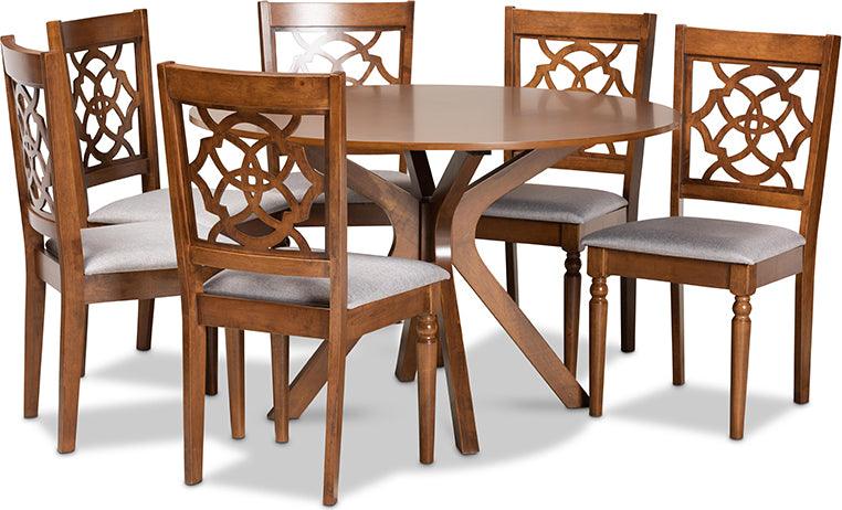 Wholesale Interiors Dining Sets - Sadie Grey Fabric Upholstered and Walnut Brown Finished Wood 7-Piece Dining Set