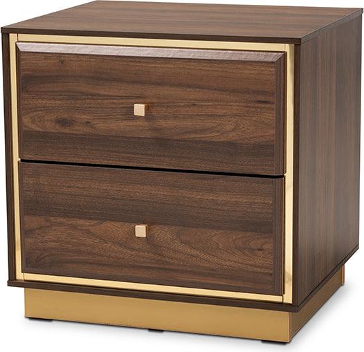 Wholesale Interiors Nightstands & Side Tables - Cormac Mid-Century Modern Transitional Brown Wood and Gold Metal 2-Drawer Nightstand
