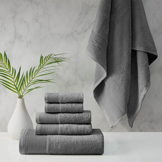 Olliix.com Bath Towels - Cotton Tencel Blend Antimicrobial 6 Piece Towel Set Charcoal