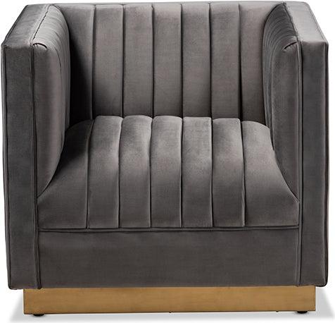 Wholesale Interiors Accent Chairs - Aveline Glam and Luxe Grey Velvet Fabric Upholstered Brushed Gold Finished Armchair