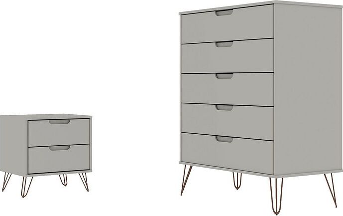 Manhattan Comfort Bedroom Sets - Rockefeller Tall 5 Dresser and 2 Drawer Nightstand Off White & Nature