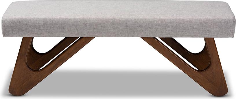 Wholesale Interiors Benches - Rika Mid-Century Modern Greyish Beige Fabric Walnut Brown Boomerang Bench
