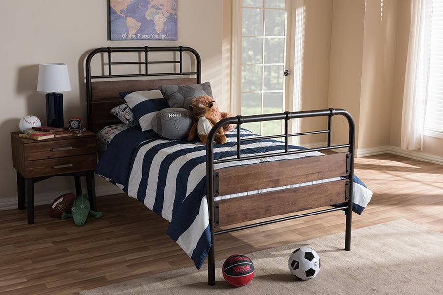 Wholesale Interiors Beds - Monoco Rustic Industrial Black Finished Metal Coco Brown Wood Twin Size Platform Bed
