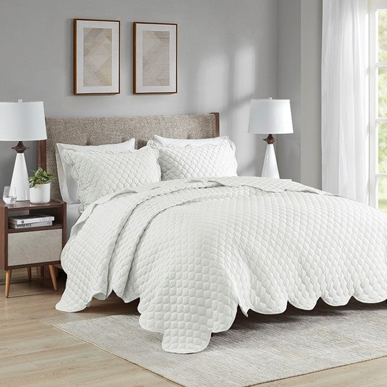 Olliix.com Coverlet - 3 Piece Scalloped Edge Crinkle Microfiber Quilt Set Ivory Full/Queen