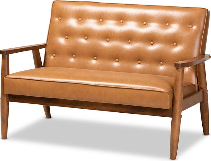 Wholesale Interiors Loveseats - Sorrento Tan Faux Leather Upholstered and Walnut Brown Finished Wood Loveseat