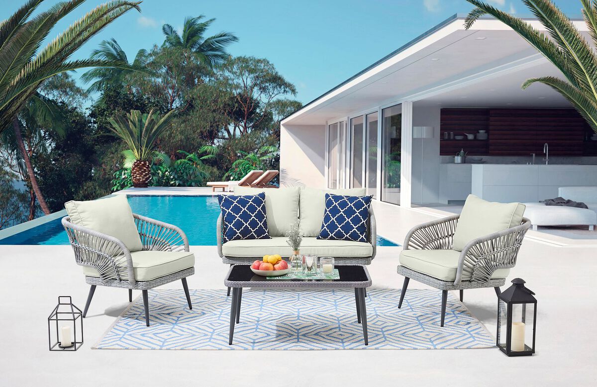 Manhattan Comfort Outdoor Conversation Sets - Riviera Patio 4- Person Conversation Set with Coffee Table with Grey Cushions
