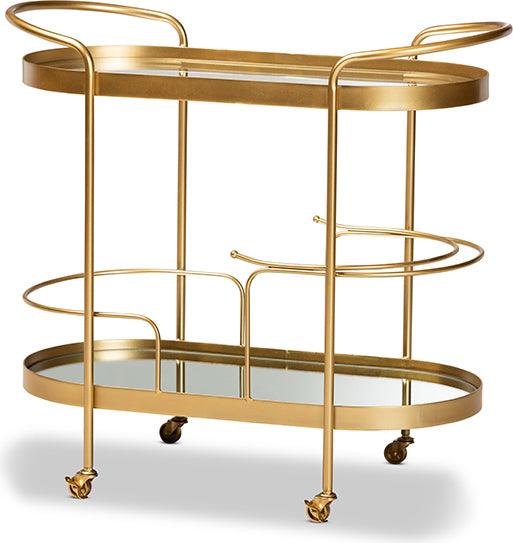 Wholesale Interiors Bar Units & Wine Cabinets - Kamal Glam Brushed Gold Finished Metal and Mirrored Glass 2-Tier Mobile Wine Bar Cart