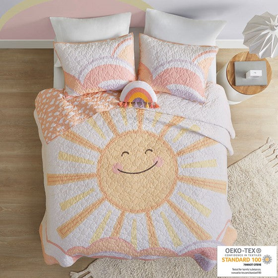 Olliix.com Coverlet - Reversible Sunshine Printed Cotton Quilt Set with Throw Pillow Yellow/Coral Twin