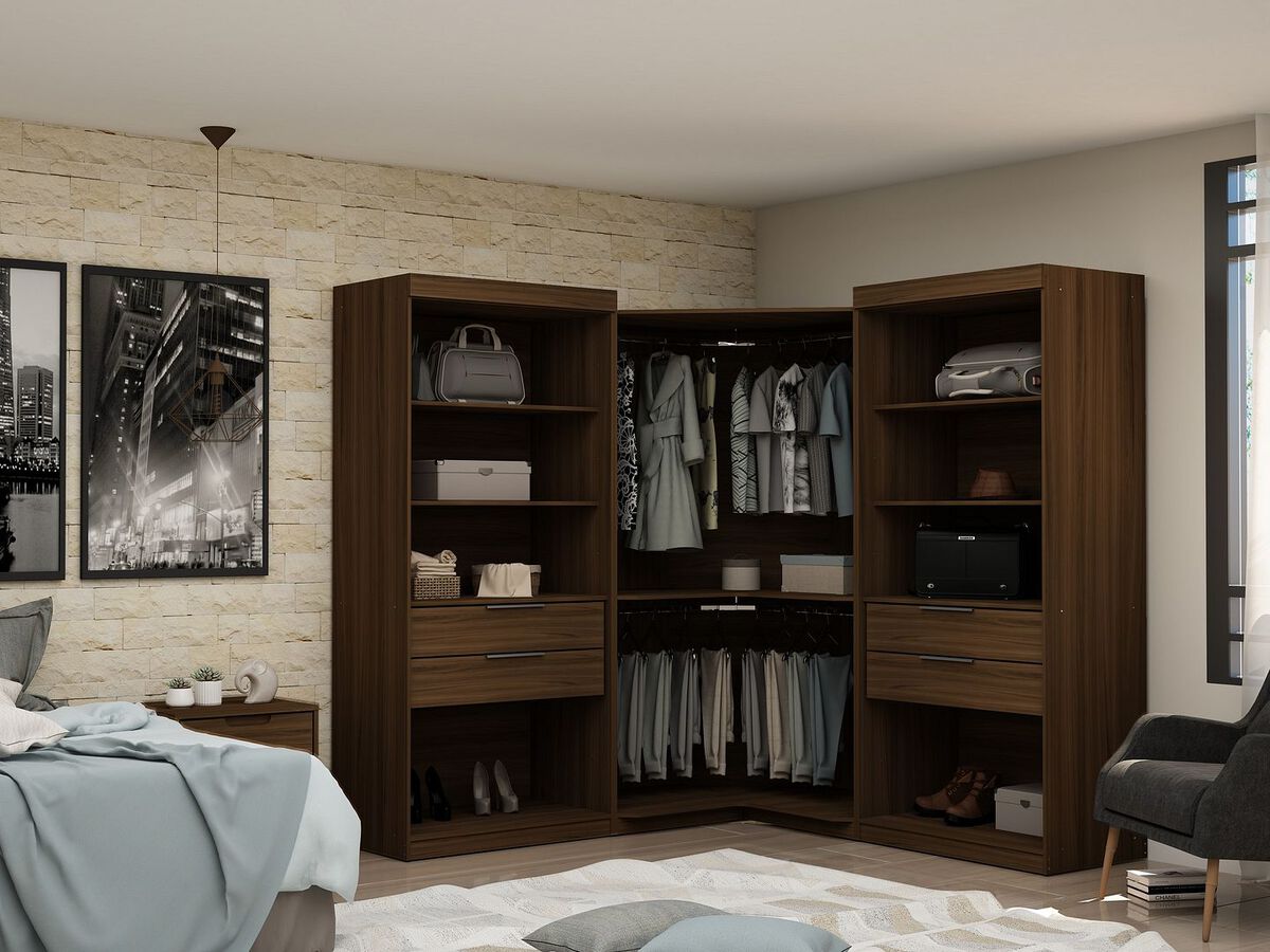 Manhattan Comfort Cabinets & Wardrobes - Mulberry Open 3 Sectional Modern Wardrobe Corner Closet with 4 Drawers - Set of 3 in Brown