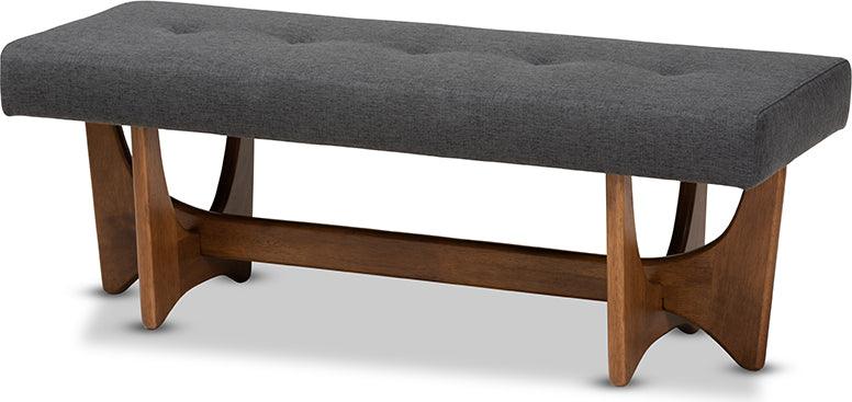 Wholesale Interiors Benches - Theo Mid-Century Modern Dark Grey Fabric Upholstered Walnut Finished Bench