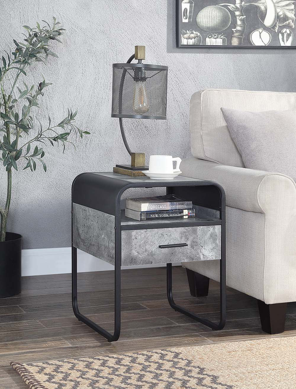 ACME Side & End Tables - ACME Raziela End Table w/Drawer, Concrete Gray & Black Finish