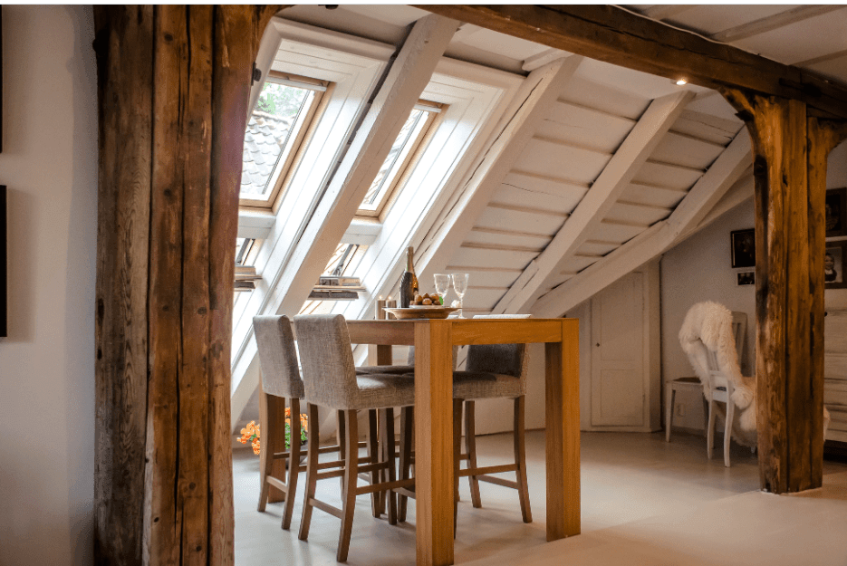 Wooden dining chair and tables with natural lighting