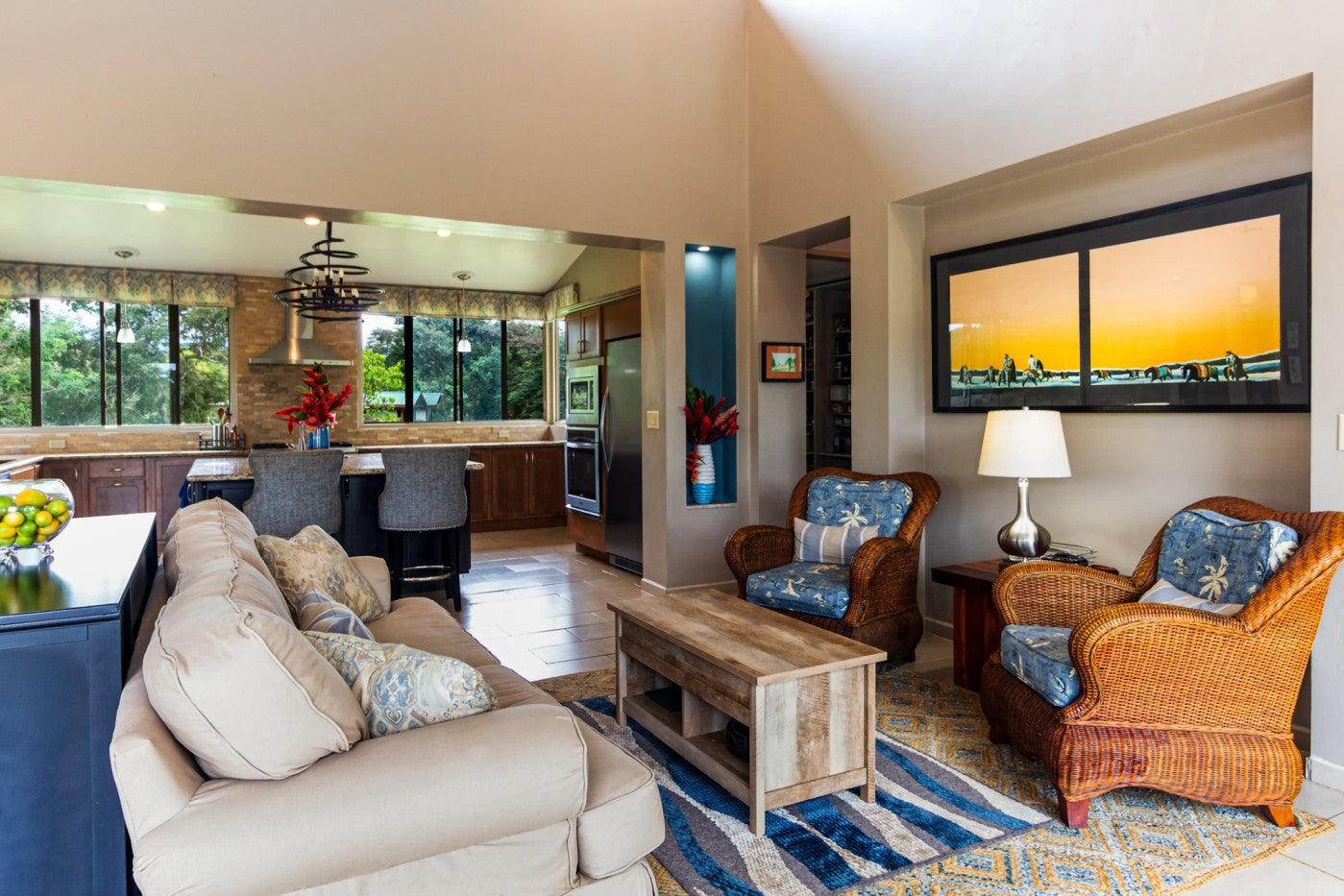 A boho chic living room with eclectic furniture