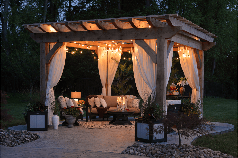 beautiful patio furniture in evening lights