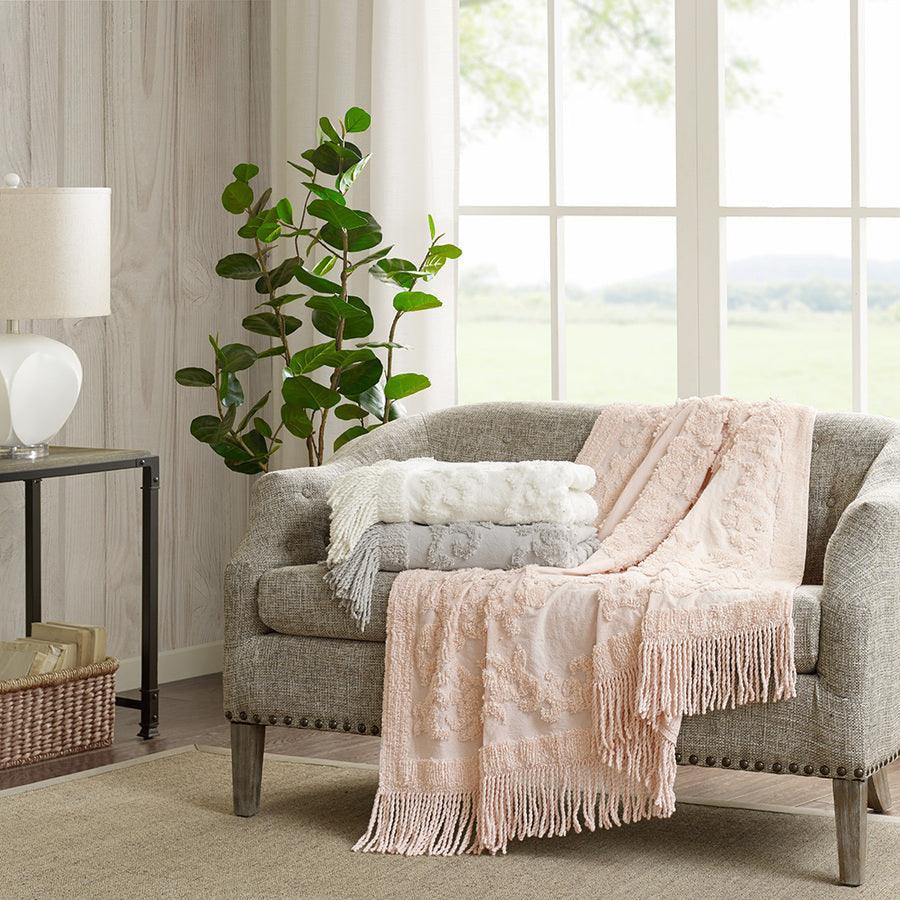 Olliix.com Pillows & Throws - 1 Bohemian Cotton Tufted Chenille Lightweight Throw With Fringe Tassel 50"W x 60"L Blush