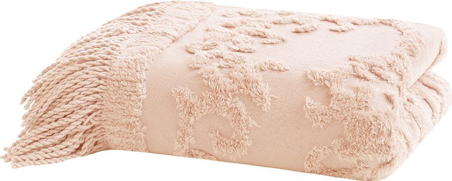 Olliix.com Pillows & Throws - 1 Bohemian Cotton Tufted Chenille Lightweight Throw With Fringe Tassel 50"W x 60"L Blush