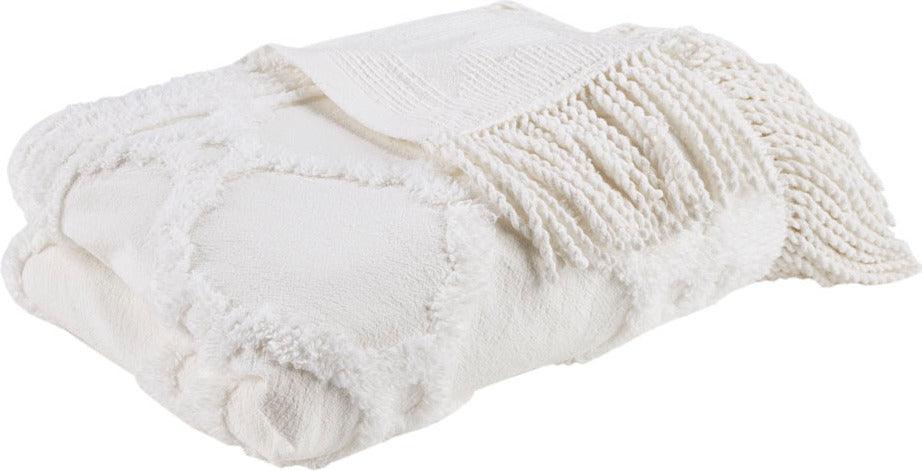 Olliix.com Pillows & Throws - 1 Farm House Cotton Tufted Chenille Lightweight Throw With Fringe Tassel 50x60+4x2" Ivory