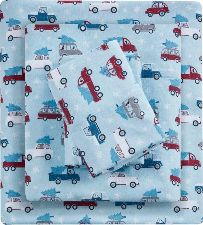 Olliix.com Sheets & Sheet Sets - 100% Cotton Flannel Printed Sheet Set Blue Cars TN20-0466