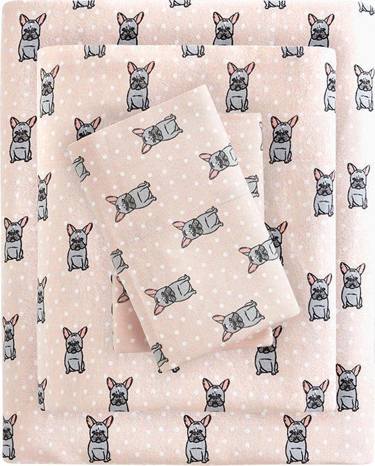 Olliix.com Sheets & Sheet Sets - 100% Cotton Flannel Printed Sheet Set Pink French Bulldog TN20-0230