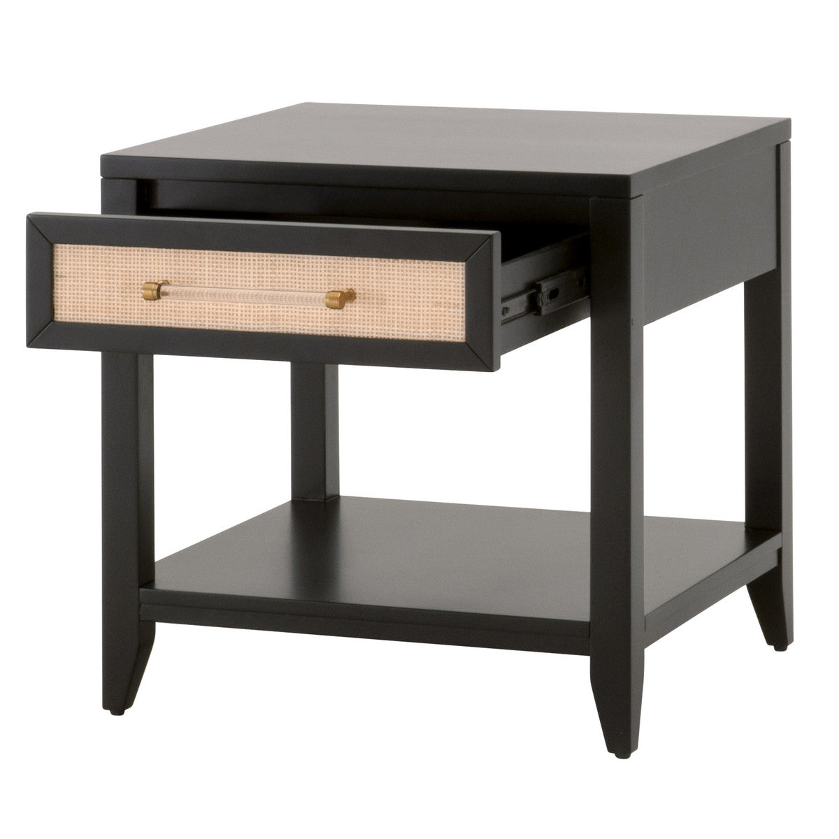 Essentials For Living Nightstands & Side Tables - Holland 1-Drawer Side Table Brushed Black Acacia, Natural Rattan