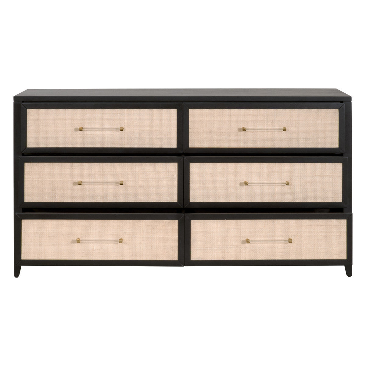 Essentials For Living Dressers - Holland 6-Drawer Double Dresser Brushed Black Acacia, Natural Rattan