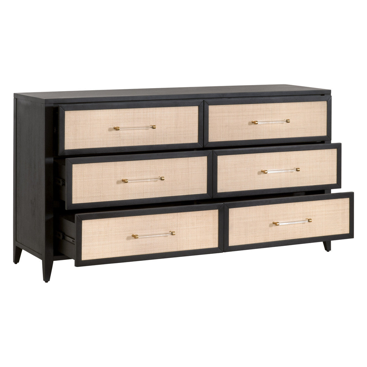 Essentials For Living Dressers - Holland 6-Drawer Double Dresser Brushed Black Acacia, Natural Rattan