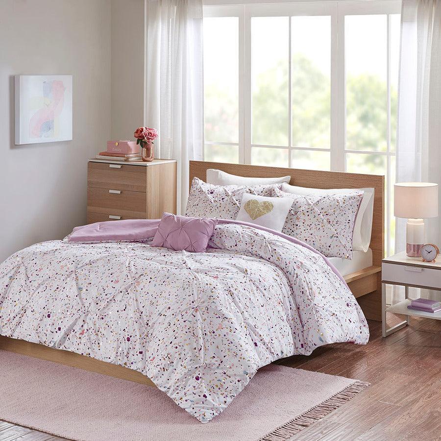 Olliix.com Comforters & Blankets - Abby Casual Metallic Printed and Pintucked Comforter Plum Full/Queen