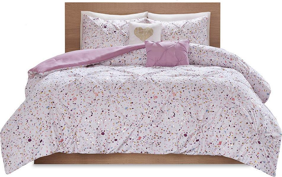 Olliix.com Comforters & Blankets - Abby Casual Metallic Printed and Pintucked Comforter Plum Full/Queen