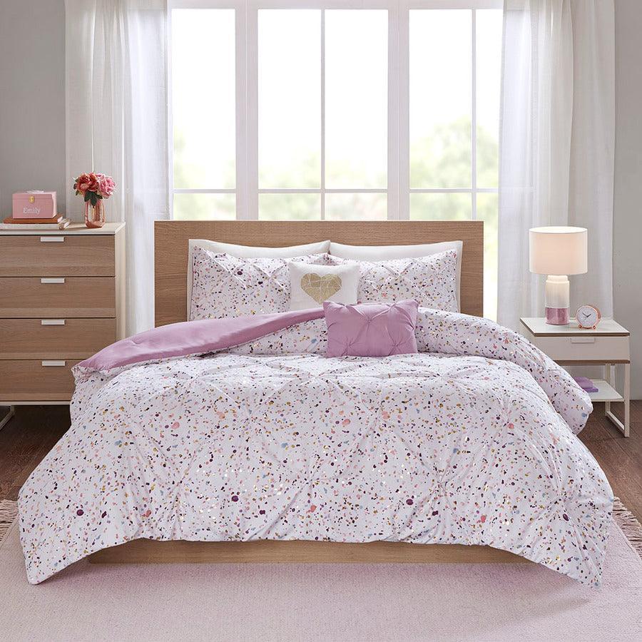 Olliix.com Comforters & Blankets - Abby Casual Metallic Printed and Pintucked Comforter Plum Full/Queen