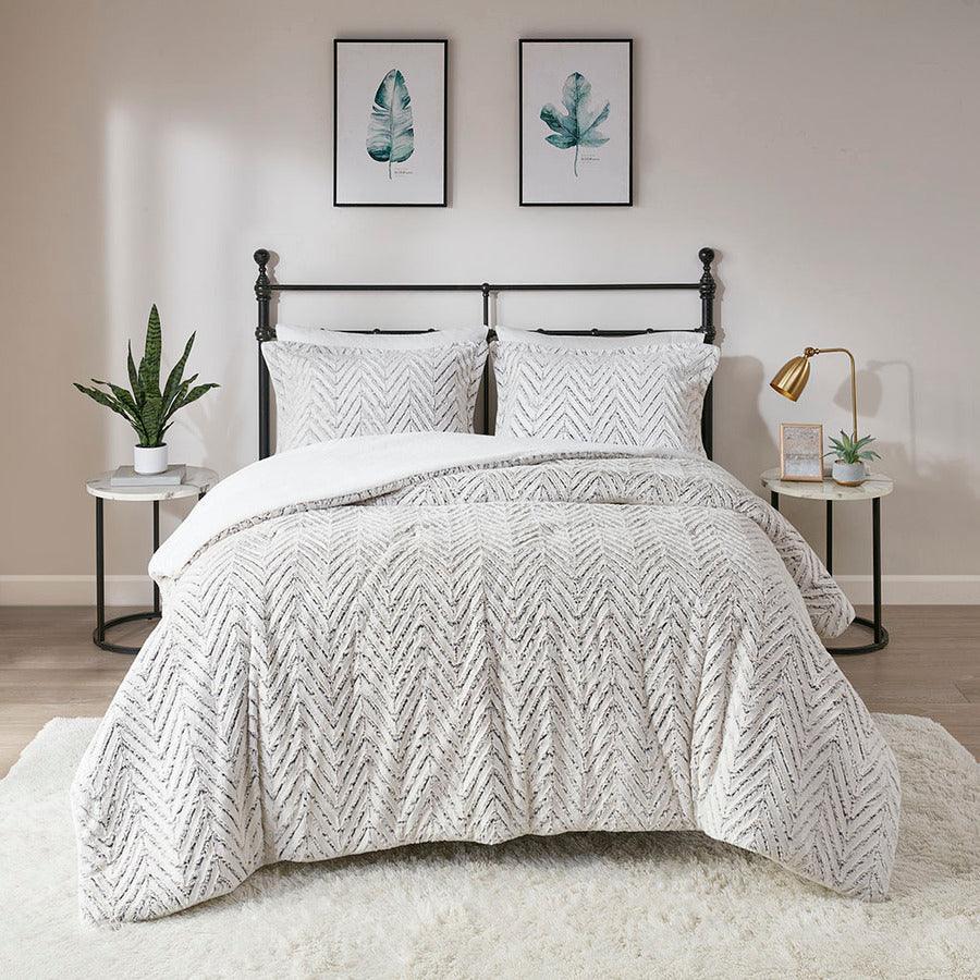 Olliix.com Duvet & Duvet Sets - Adelyn Back Print Brushed Fur Duvet Cover Set Full/Queen Ivory