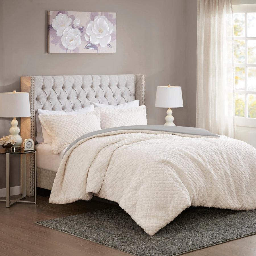 Olliix.com Comforters & Blankets - Adler Reversible Textured Sherpa King Comforter Set Ivory & Gray
