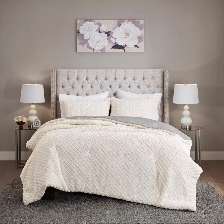 Olliix.com Comforters & Blankets - Adler Reversible Textured Sherpa King Comforter Set Ivory & Gray