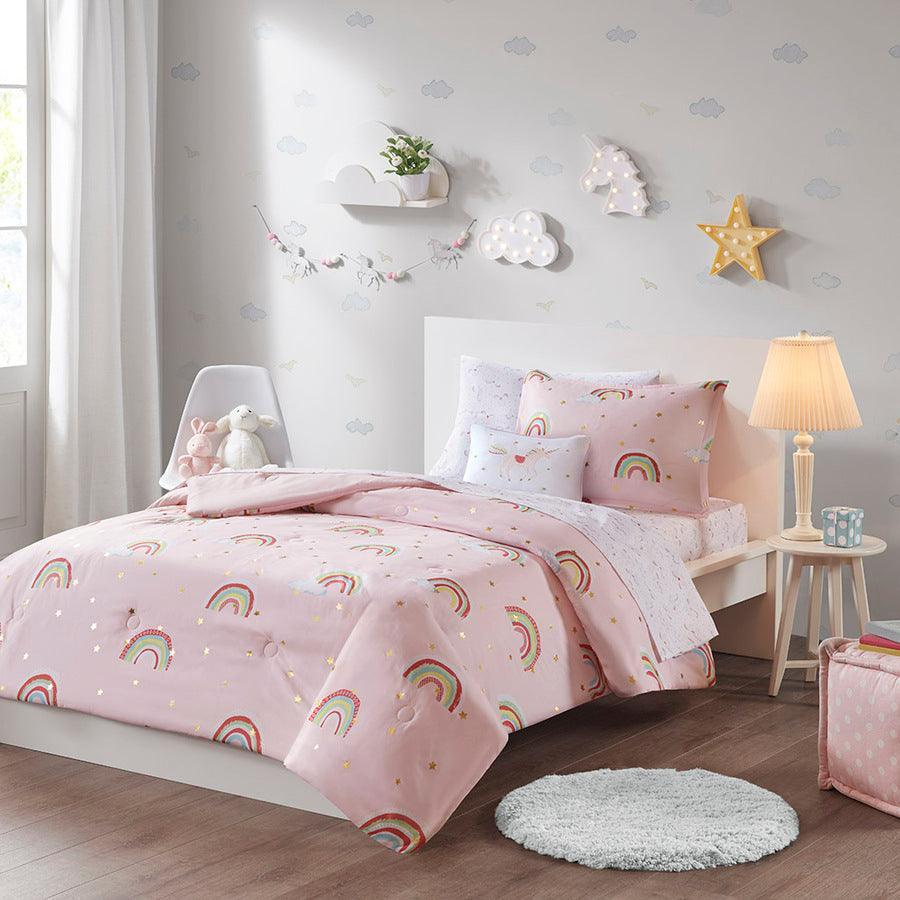 Olliix.com Comforters & Blankets - Alicia Rainbow Printed Stars Complete Bed and Sheet Set Pink Twin