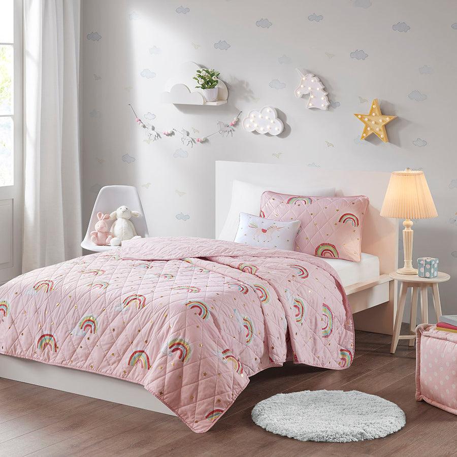 Olliix.com Comforters & Blankets - Alicia Twin Rainbow with Metallic Printed Stars Reversible Coverlet Set Pink