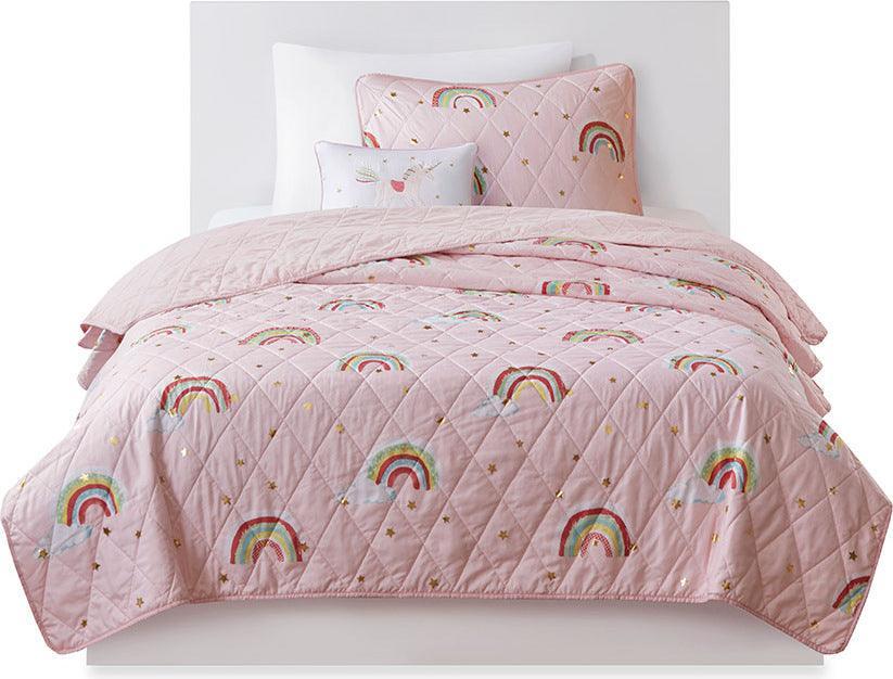 Olliix.com Comforters & Blankets - Alicia Twin Rainbow with Metallic Printed Stars Reversible Coverlet Set Pink