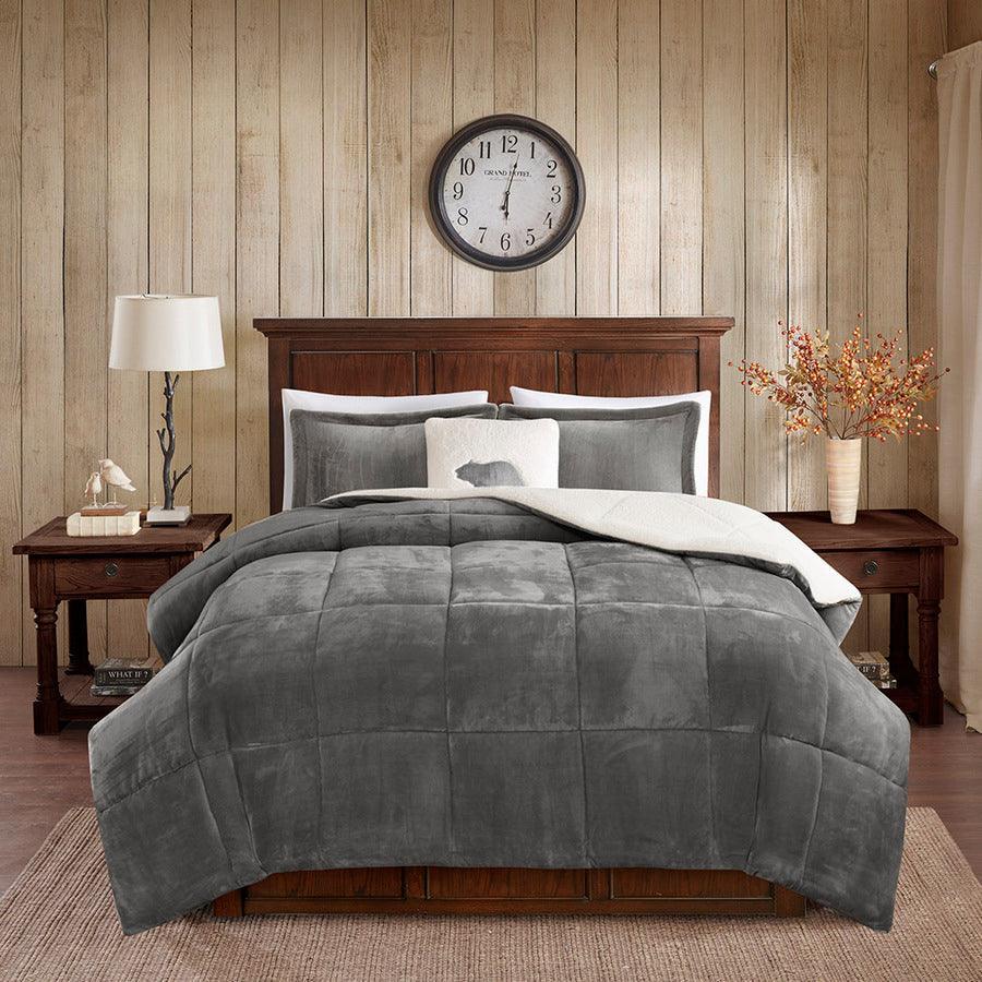 Olliix.com Comforters & Blankets - Alton Glam Plush to Sherpa Down Alternative Comforter Set Charcoal | Ivory Twin